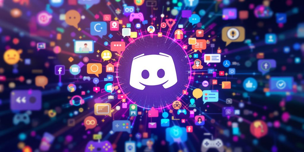 Discord logo with gaming and chat icons.